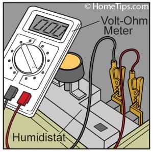 Vol-ohm仪表有两个鳄鱼夹测试引线电缆连接到Humidistat端子。